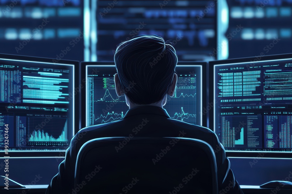 Poster professional analyzing data on multiple screens in a dark, modern office environment.