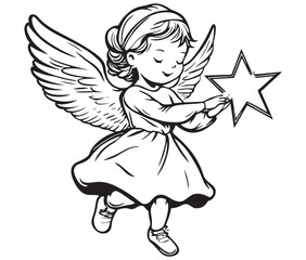 Angel with wings, Cute fairy, Angle wings line art vector