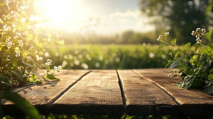 Naklejka premium Nature-themed wooden table in a farm setting. Perfect for displaying food, perfumes, or other products. Sunlight casts a warm glow on the table in the morning.