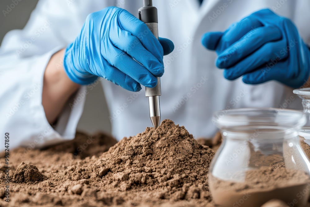 Poster scientist conducting soil analysis with a probe in a laboratory setting.