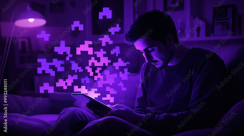 Aufkleber A minimalist vector of a player sitting on a couch with their phone in hand while solving a word puzzle game Large space for text in center Stock Photo with copy space