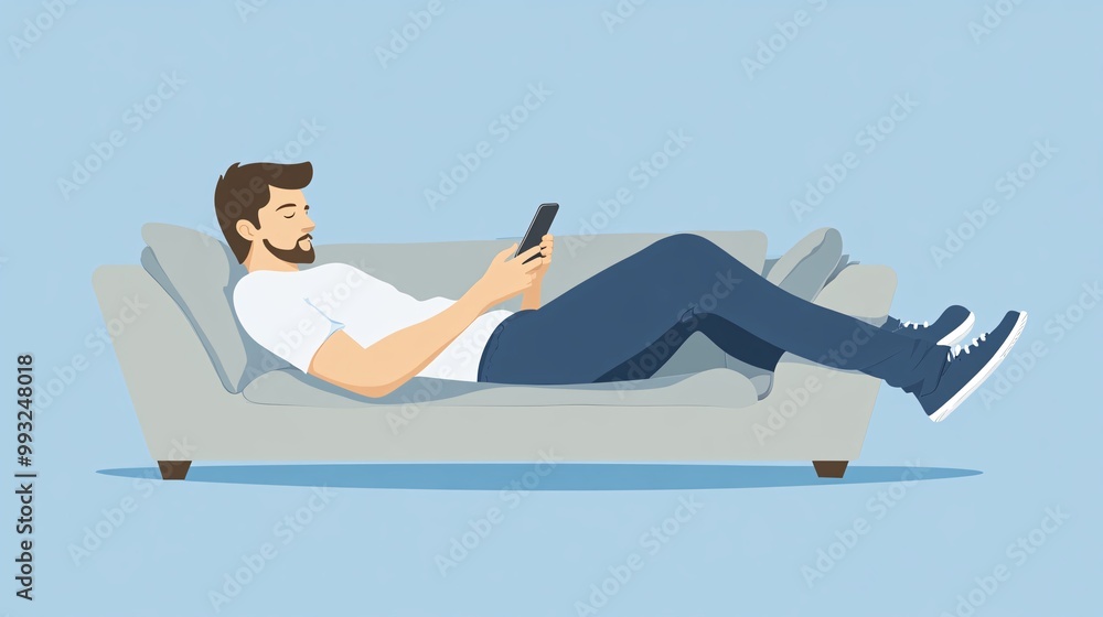 Aufkleber A minimalist vector of a player sitting on a couch with their phone in hand while solving a word puzzle game Large space for text in center Stock Photo with copy space