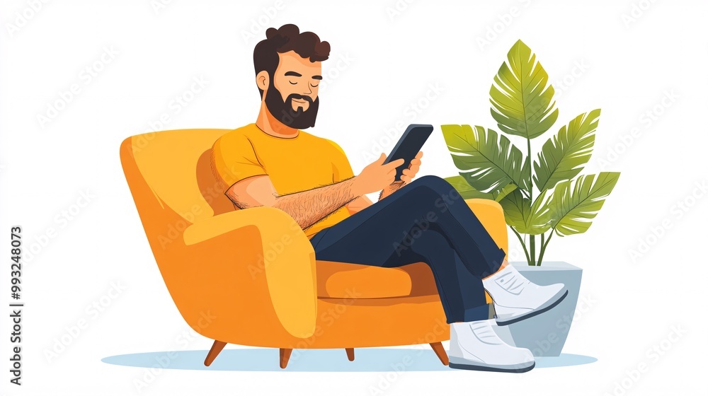 Poster A minimalist vector of a player sitting on a couch with their phone in hand while solving a word puzzle game Large space for text in center Stock Photo with copy space