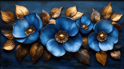 artistic decor featuring blue and gold flowers in a wooden frame the elegant composition showcases natural beauty and adds a touch of sophistication to any space