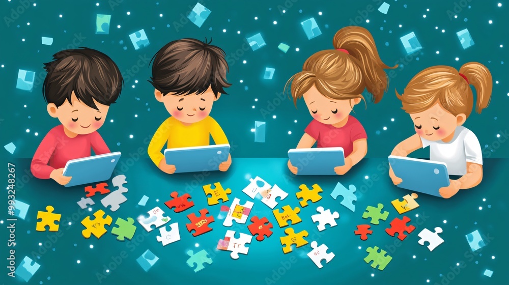 Poster A clean vector illustration of a family sitting around a table playing a word puzzle game together on multiple devices Large space for text in center Stock Photo with copy space