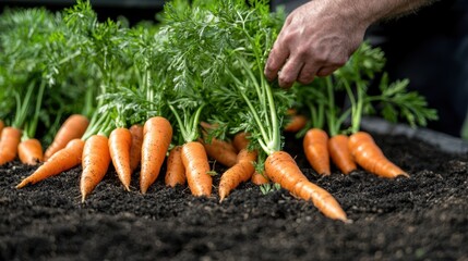 Organic Carrot Farming: Farmer Inspecting Healthy Crops in Field without Chemical Fertilizers