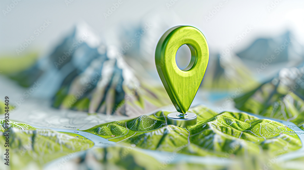 Poster map marker on top of a detailed geographical map with mountains and valleys highlighting location fe