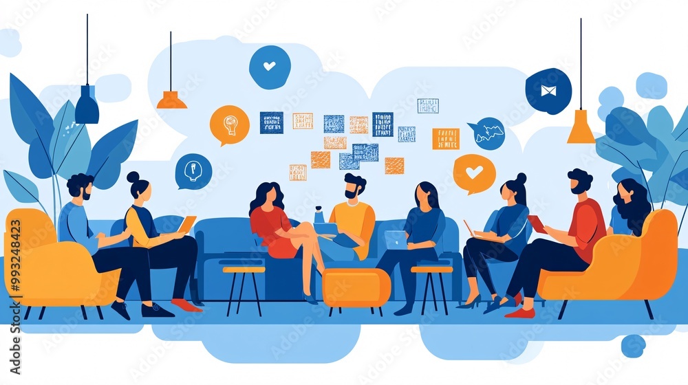 Leinwandbilder A stylized vector of a group of friends lounging in a living room while helping each other guess words in a word puzzle game Large space for text in center Stock Photo with copy space