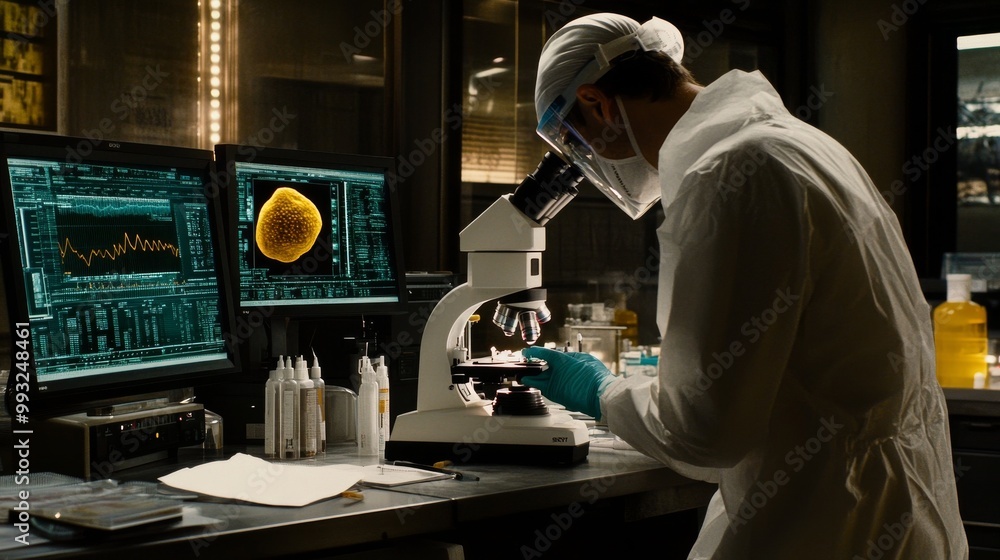 Poster an engineer or scientist inspecting samples in an industrial cleanroom while wearing a coverall and 
