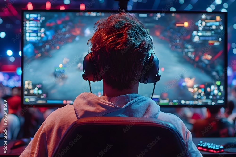 Aufkleber competitive gamer analyzing in game strategies on large high tech screen