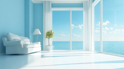 Fototapeta premium clean and serene interior space with sky blue wall, white furniture, and large windows showcasing stunning ocean view. bright atmosphere evokes tranquility and relaxation
