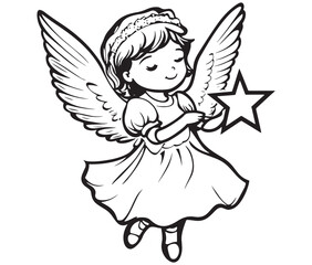 Angel with wings, Cute fairy, Angle wings line art vector