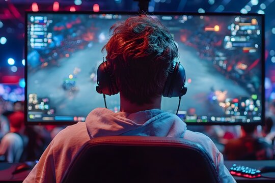 Competitive Gamer Analyzing In Game Strategies on Large High Tech Screen - Powered by Adobe