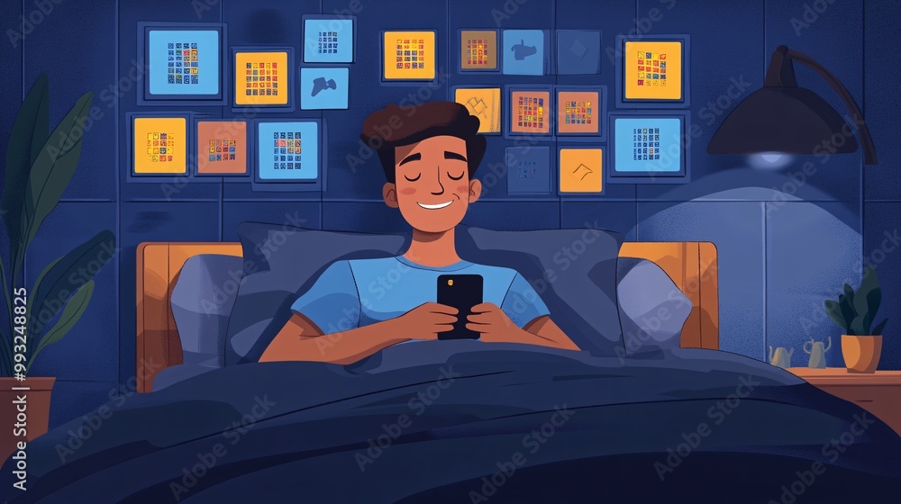 Aufkleber A flat design of a person lying in bed playing a word puzzle game on their phone with a calm expression Large space for text in center Stock Photo with copy space