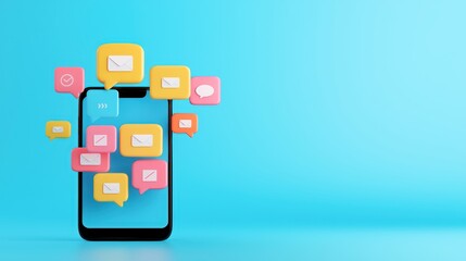 Smartphone with chat bubbles and notifications on a blue background, ideal for digital communication themes.