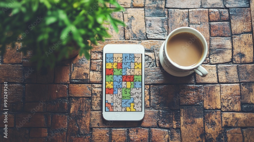 Poster A flat lay vector of a mobile phone displaying a word puzzle game screen placed on a cafe table with a cup of coffee beside it Large space for text in center Stock Photo with copy space