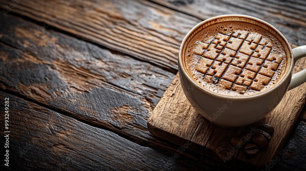 Aufkleber A flat lay vector of a mobile phone displaying a word puzzle game screen placed on a cafe table with a cup of coffee beside it Large space for text in center Stock Photo with copy space