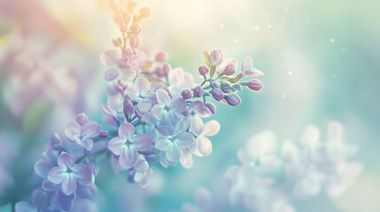 Soft lilac and mint flowers create light and refreshing atmosphere, evoking sense of tranquility and beauty in nature. delicate petals and gentle colors enhance serene ambiance