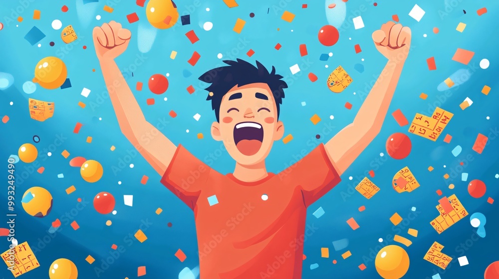 Poster a minimal vector of a person celebrating their win in a word puzzle game by throwing their arms up i