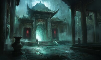 Dark, misty, ancient temple with a red door.