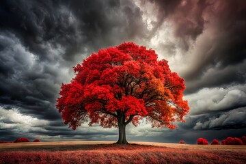 Dramatic high contrast monochrome image of bold majestic tree trunk standing tall amidst swirling storm of crimson red autumn leaves with dark moody sky