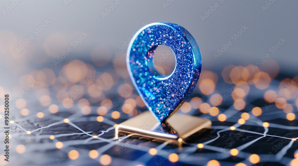Poster location pin on a map with bokeh lights showcasing navigation and travel concept