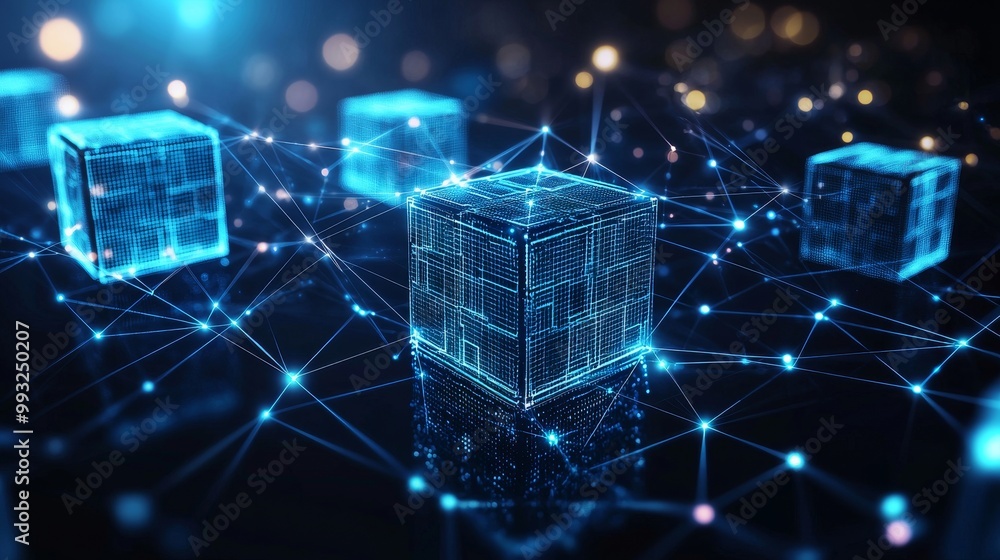 Poster blockchain concept background. global decentralized data network connected blocks. abstract renderin