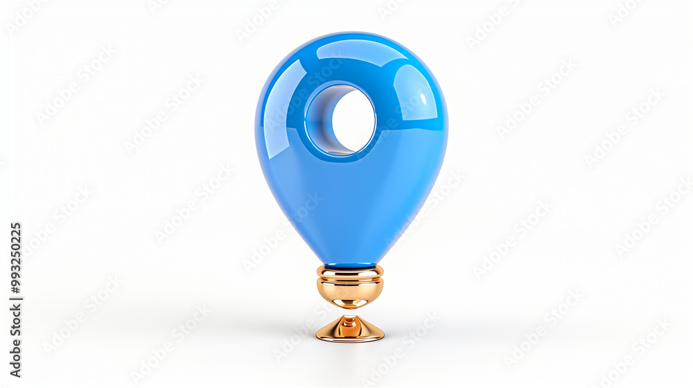 Poster location pin and map marker design with glossy blue finish and gold base for navigation applications