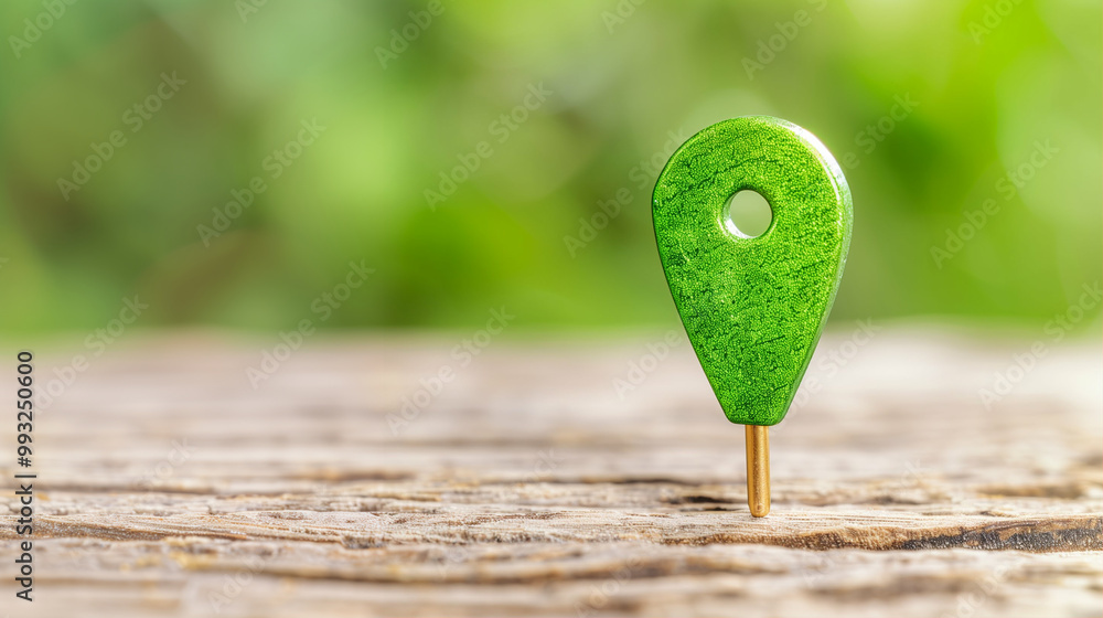 Poster location pin marker on wooden table with blurred green background highlighting navigation and mappin