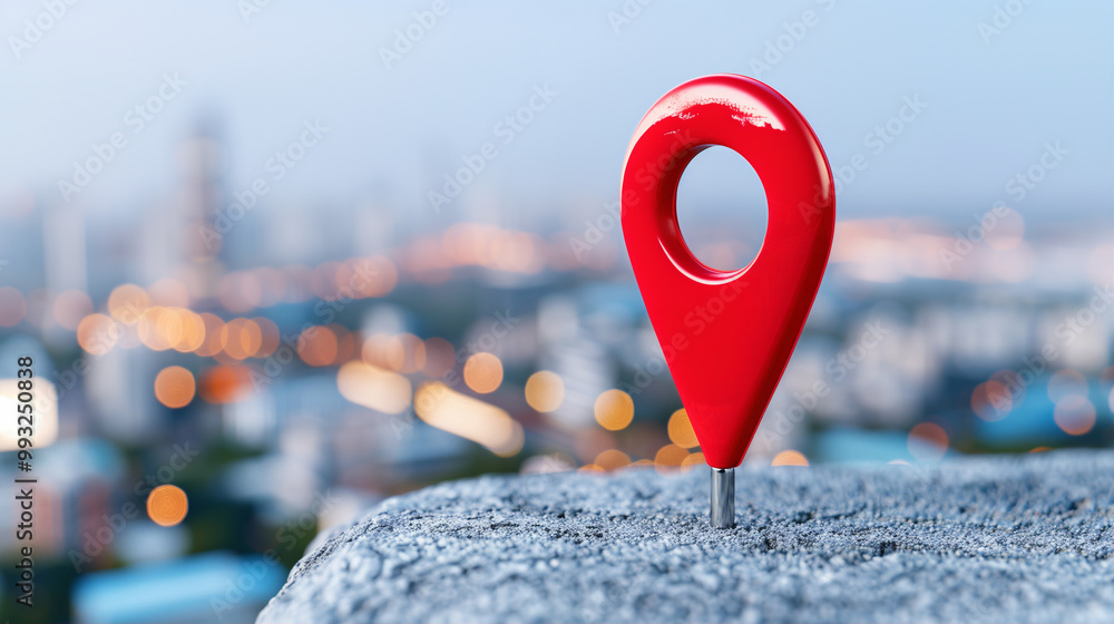 Poster location pin with cityscape background highlighting urban navigation and mapping