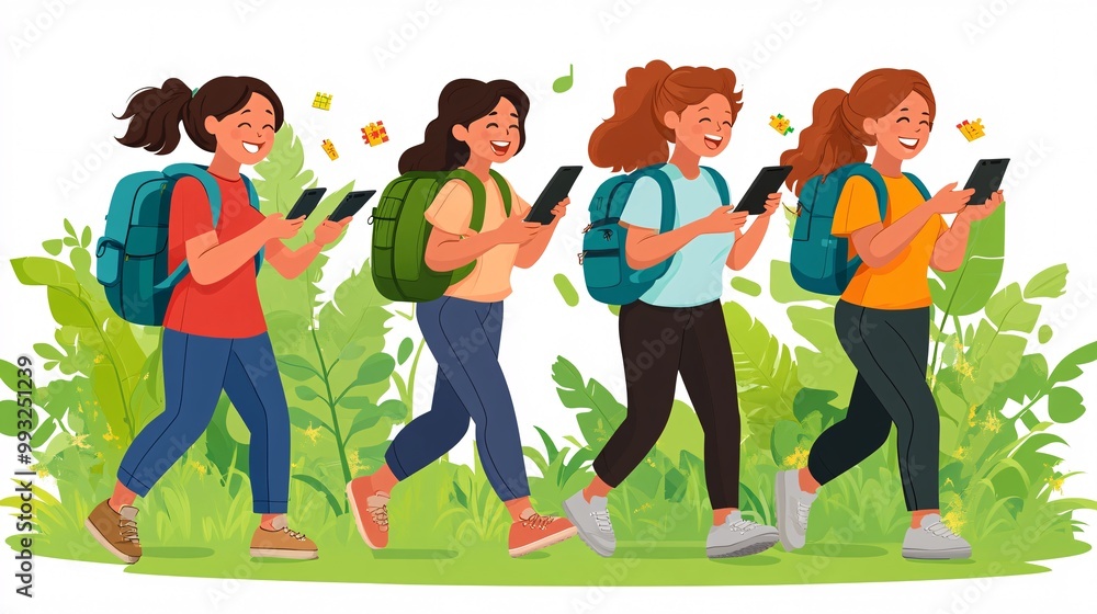 Poster An abstract vector of a group of friends texting each other their word puzzle game results while sharing laughs and excitement Large space for text in center Stock Photo with copy space