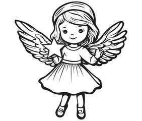 Angel with wings, Cute fairy, Angle wings line art vector