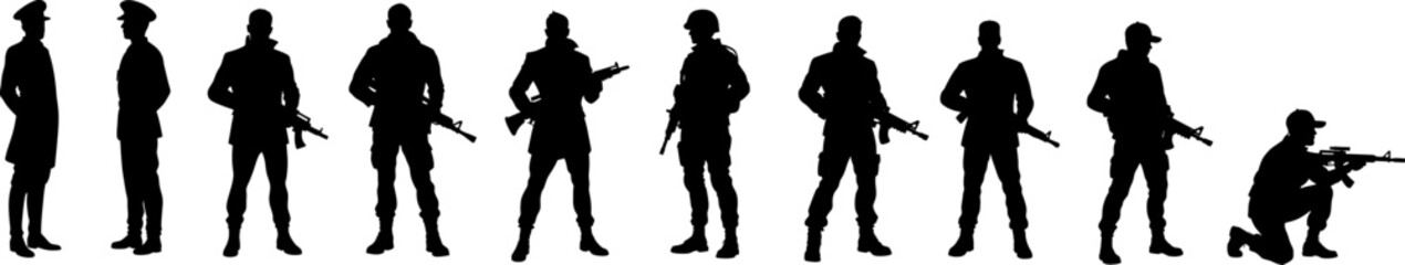 Vektor Silhouette Set bewaffnete Soldaten - Spezialeinheit - Sonderkommando - Eliteeinheit Polizei - Einsatz