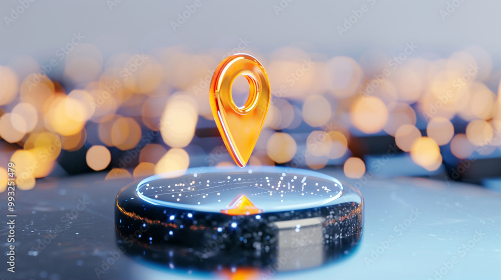 Poster location pin on technology background with glowing elements and digital interface