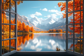A stunning view of snow-capped mountains and a tranquil lake framed by an open window, with vibrant autumn trees reflecting in the water