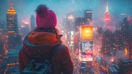 Obraz premium billboard in times square surrounded by neon lights with a vibrant city atmosphere a woman with her dog gazes at the view both basking in morning light capturing a moment of companionship