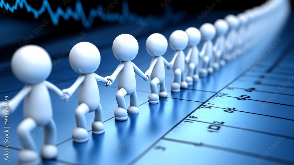 Poster A group of 3D-render cartoon characters working together to lift the line on a stock chart showing teamwork and economic recovery Large space for text in center Stock Photo with copy space