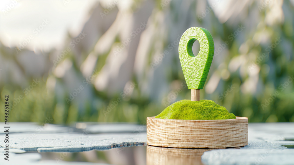 Aufkleber location marker on green base in a mountainous landscape with tech element for digital mapping
