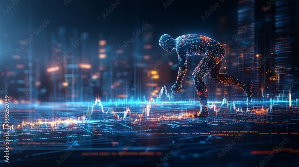 Poster A single cartoon figure in digital vector style pulling an economic graph line higher with a determined expression against a backdrop of financial data Large space for text in center Stock Photo with