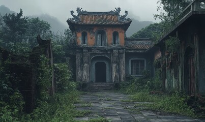 Obraz premium Overgrown path leading to a weathered temple.