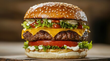 A delicious, stacked burger featuring sesame seed bun, cheddar cheese, fresh lettuce, tomato, and sauce, perfect for a hearty meal.