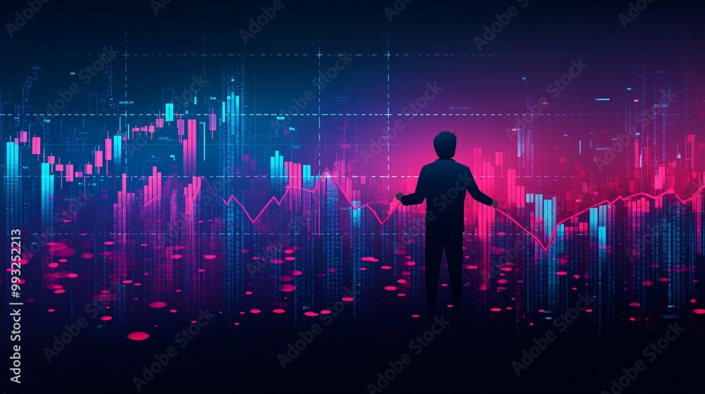 Aufkleber A single cartoon figure in digital vector style pulling an economic graph line higher with a determined expression against a backdrop of financial data Large space for text in center Stock Photo with