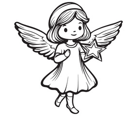 Fototapeta premium Angel with wings, Cute fairy, Angle wings line art vector