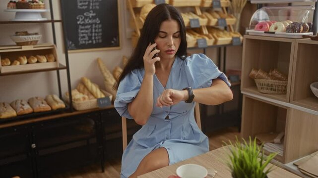 Woman talking on cellphone while in a bakery, checking time on watch, seated in cafe interior with bread shelves and donuts in background, wearing blue dress