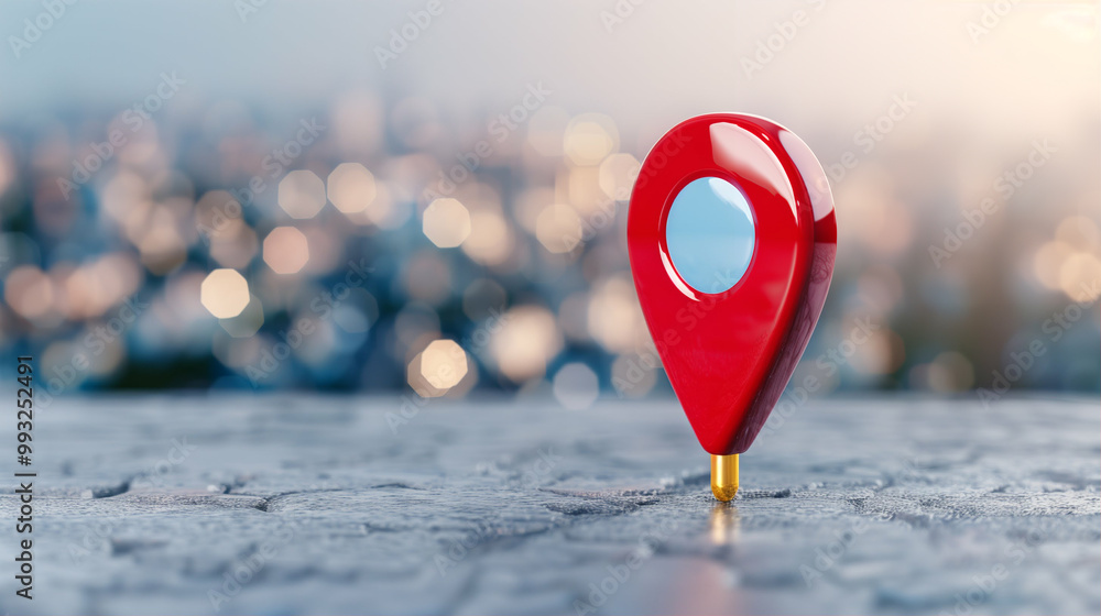 Poster location pin marker standing on a textured surface for navigation and mapping concept