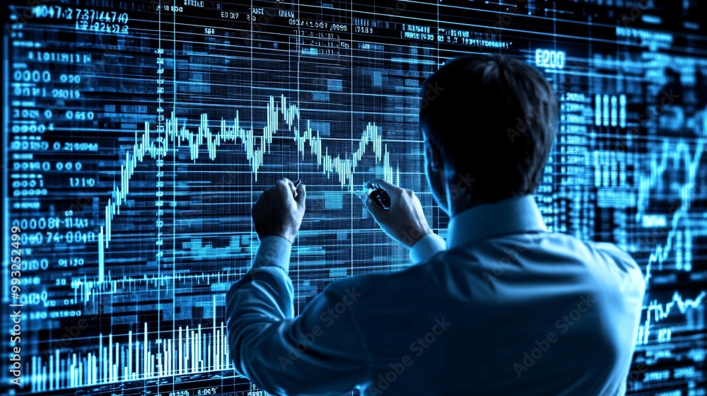 Poster A single cartoon figure in digital vector style pulling an economic graph line higher with a determined expression against a backdrop of financial data Large space for text in center Stock Photo with