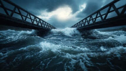 A dramatic view of a stormy sea beneath a bridge, showcasing turbulent waves and dark clouds, creating a sense of power and unpredictability.