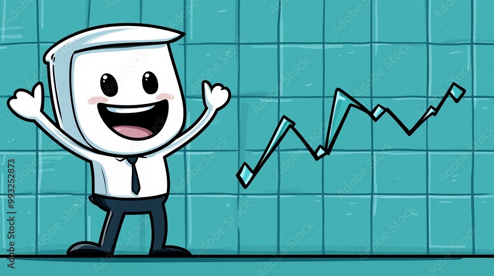 Aufkleber A vector illustration of a cartoon character pulling a rising economic graph line upward from the ground while smiling in determination Large space for text in center Stock Photo with copy space