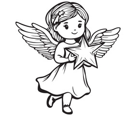 Angel with wings, Cute fairy, Angle wings line art vector