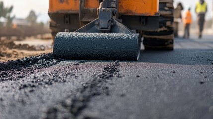 Road Construction Process with Asphalt Roller